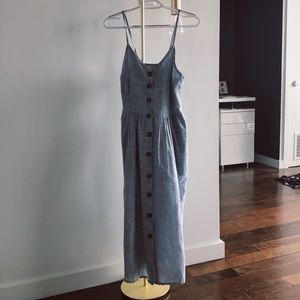 Long blue button up V neck dress
